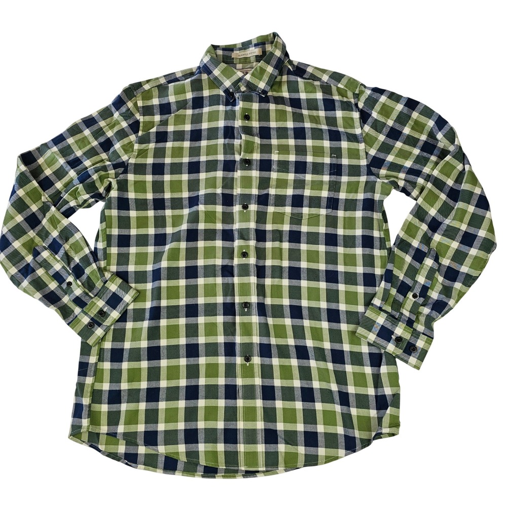 LL Bean Men's Slightly Fitted Plaid Button Down Shirt Green Navy Blue M 300331